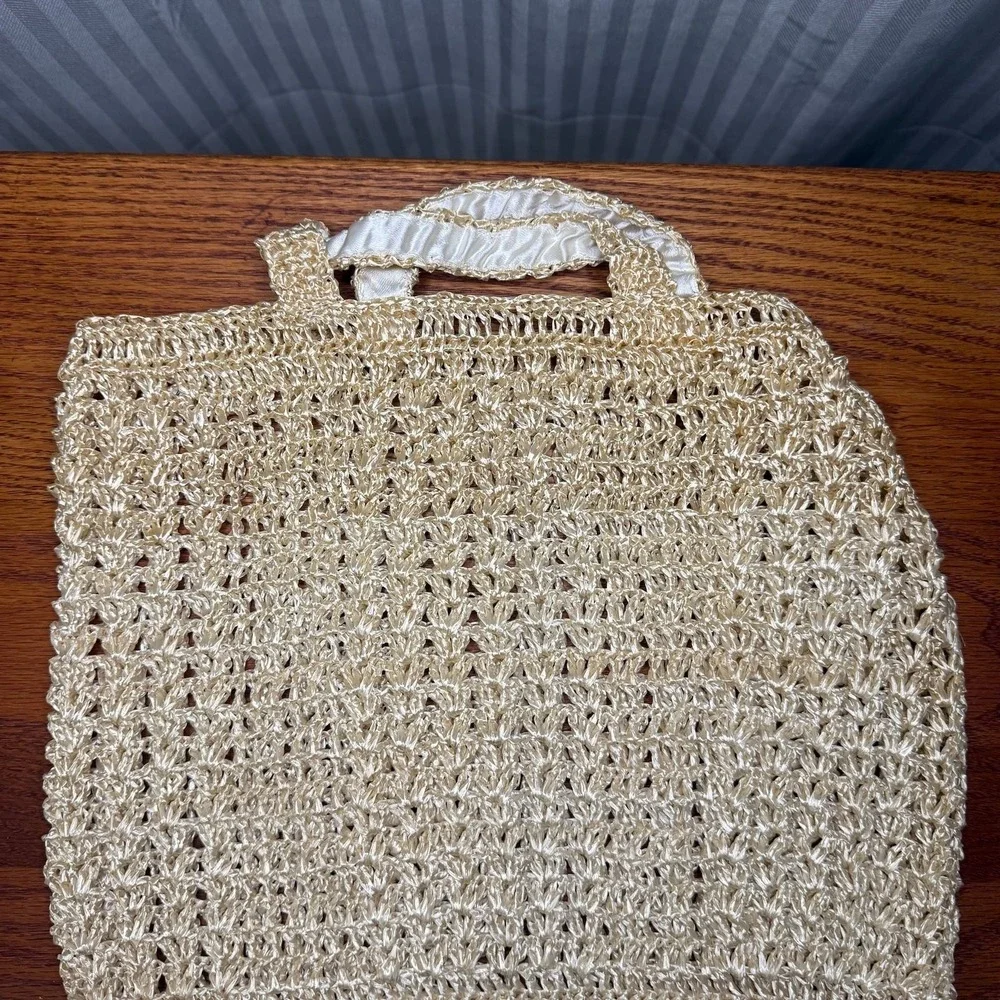 Large Crochet Raffia Tote‎ Bag Beige Open Weave Shoulder Bag vintage